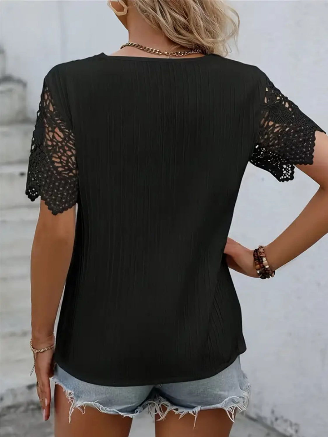 Lace Detail V-Neck Short Sleeve Blouse