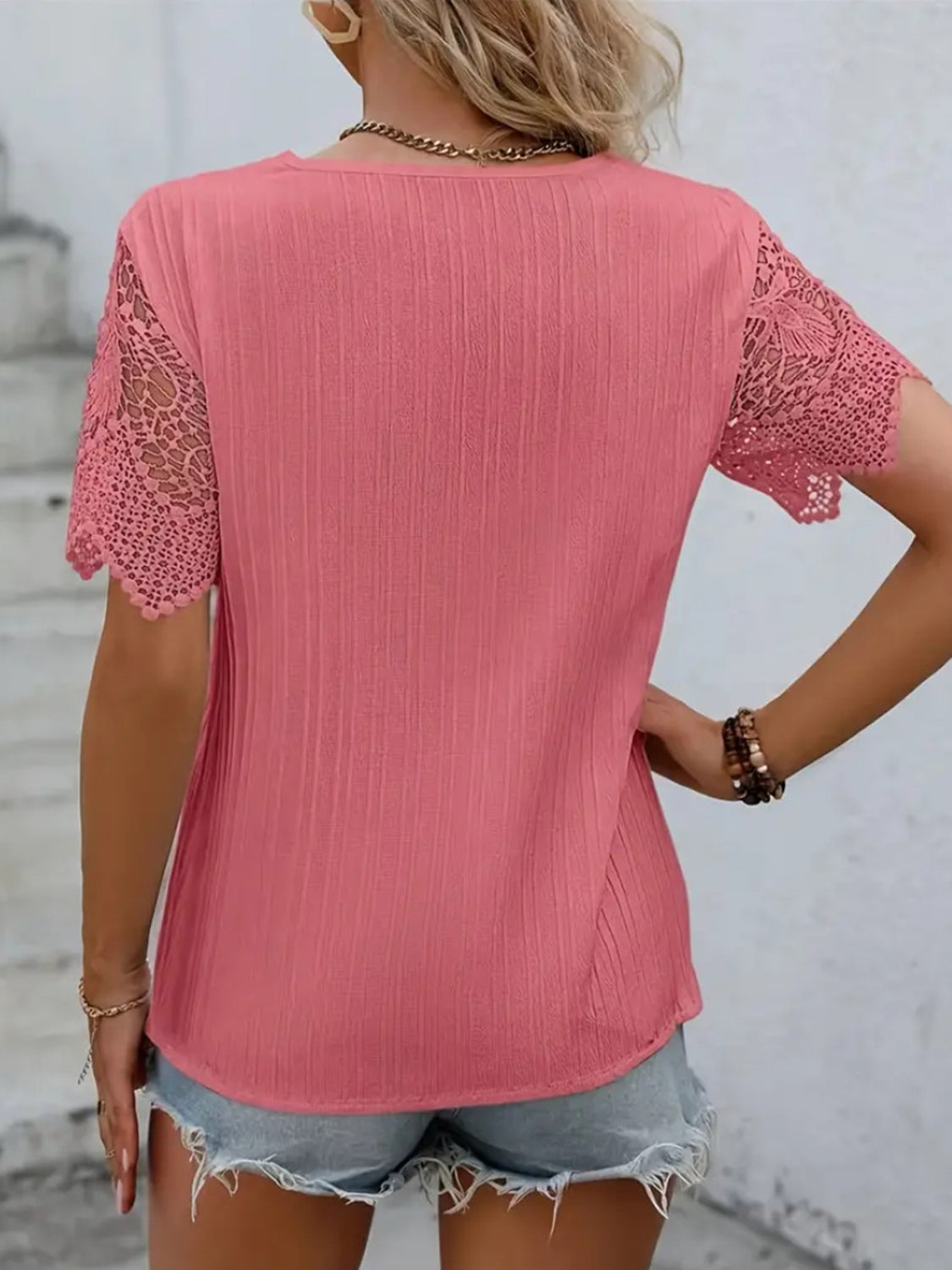 Lace Detail V-Neck Short Sleeve Blouse