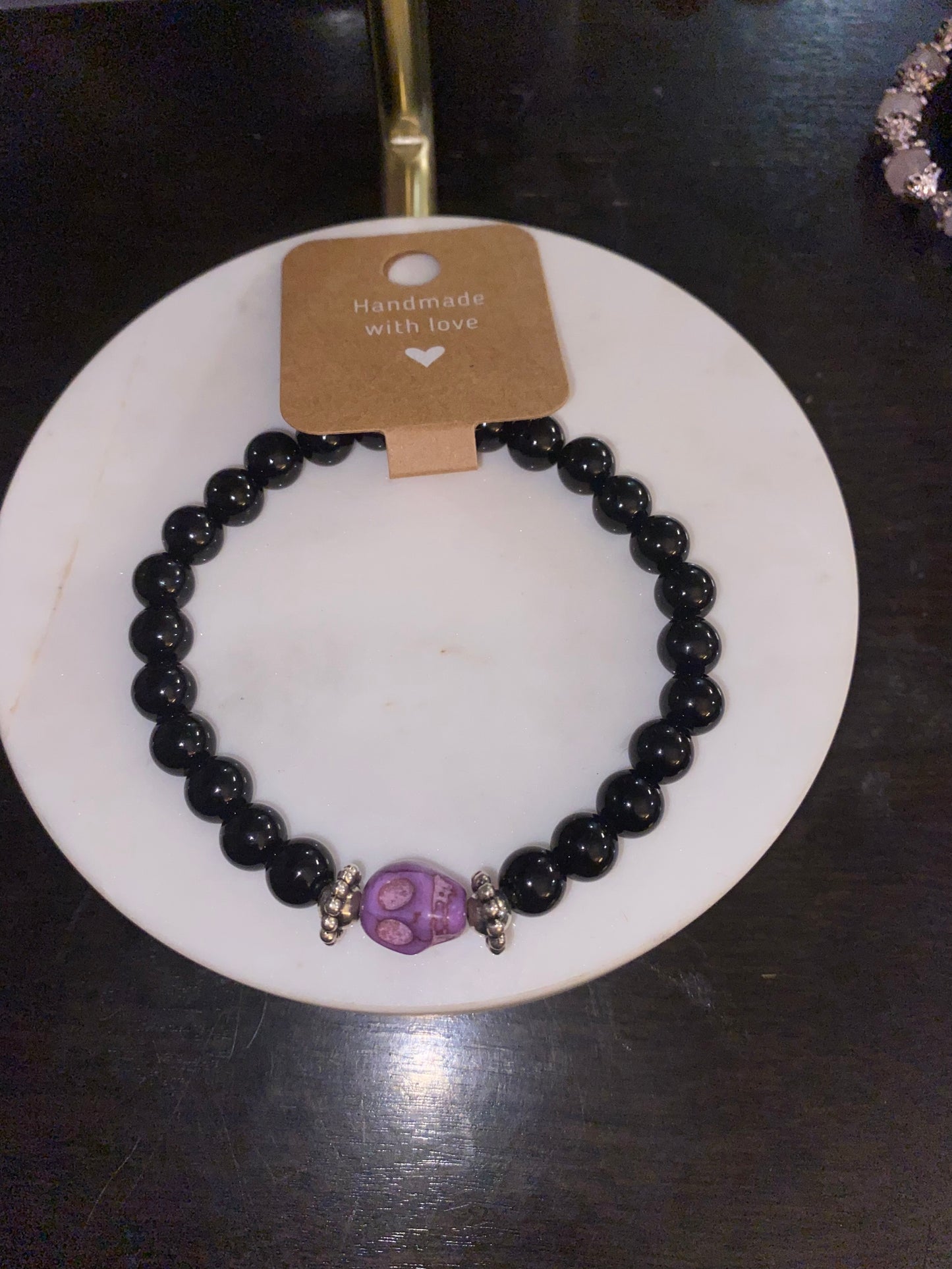 Purple Skull and Black lava stone bracelet