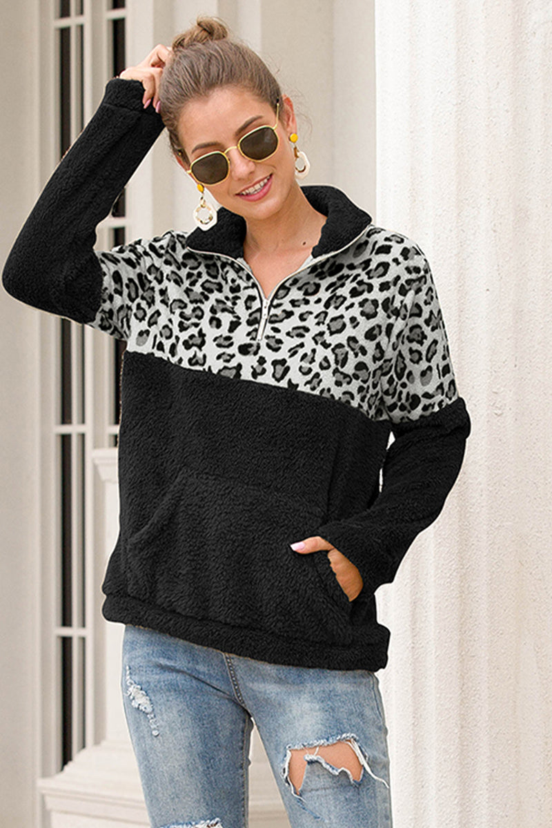 Two-Tone Zip-Up Turtle Neck Dropped Shoulder Sweatshirt