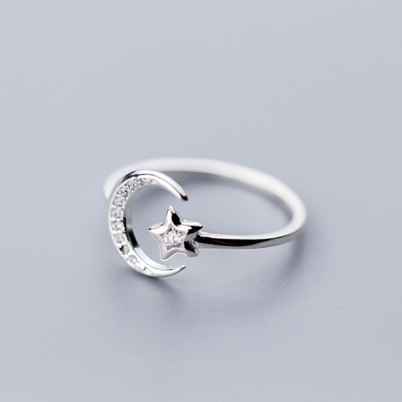 Moon and Star Sterling Silver Adjustable Ring