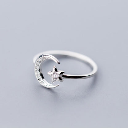 Moon and Star Sterling Silver Adjustable Ring