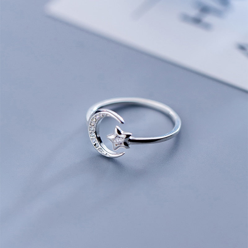 Moon and Star Sterling Silver Adjustable Ring