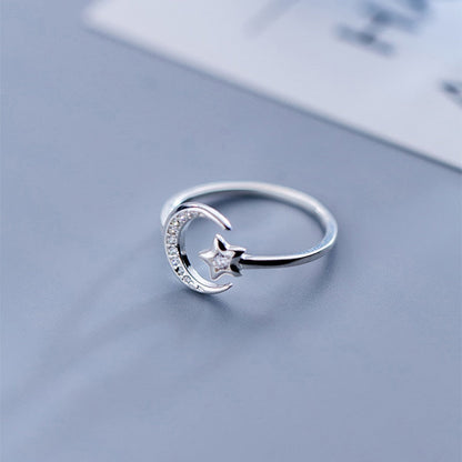 Moon and Star Sterling Silver Adjustable Ring