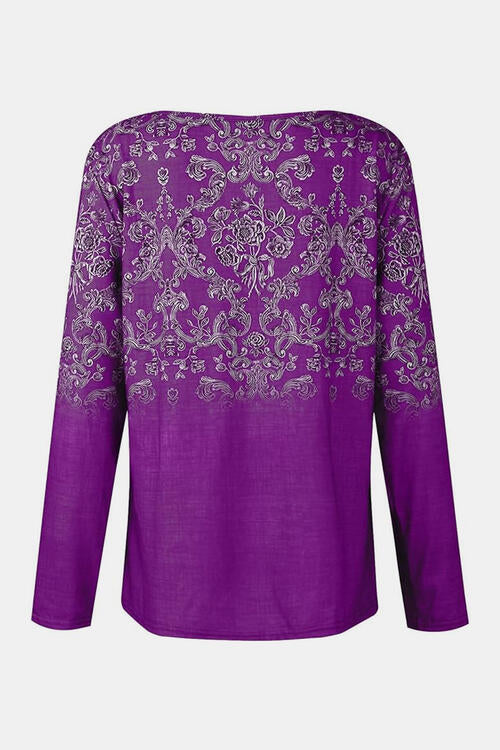 Printed Notched Long Sleeve T-Shirt