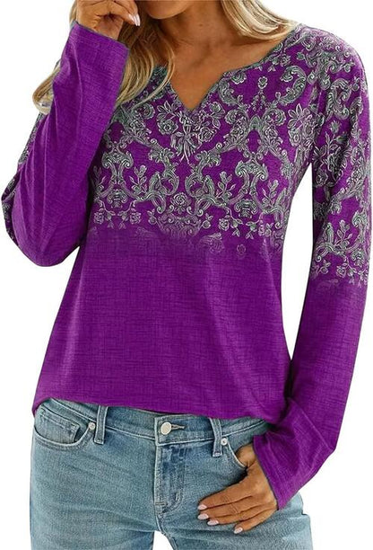 Printed Notched Long Sleeve T-Shirt