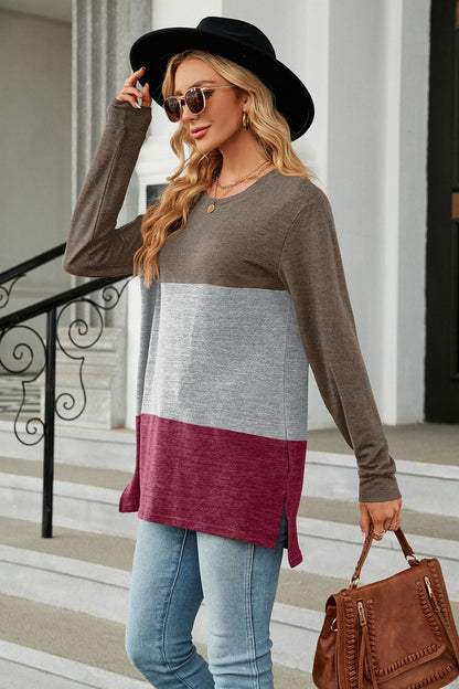 Color Block Round Neck Long Sleeve Slit T-Shirt