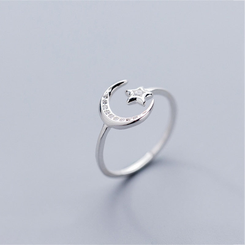 Moon and Star Sterling Silver Adjustable Ring