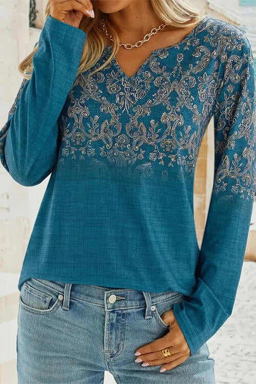 Printed Notched Long Sleeve T-Shirt