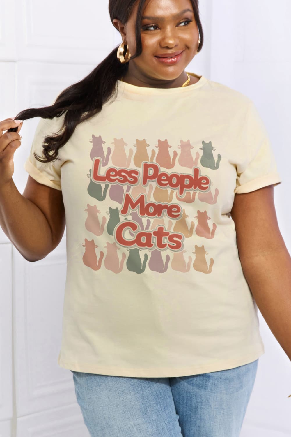 Simply Love Full Size LESS PEOPLE MORE CATS Graphic Cotton Tee