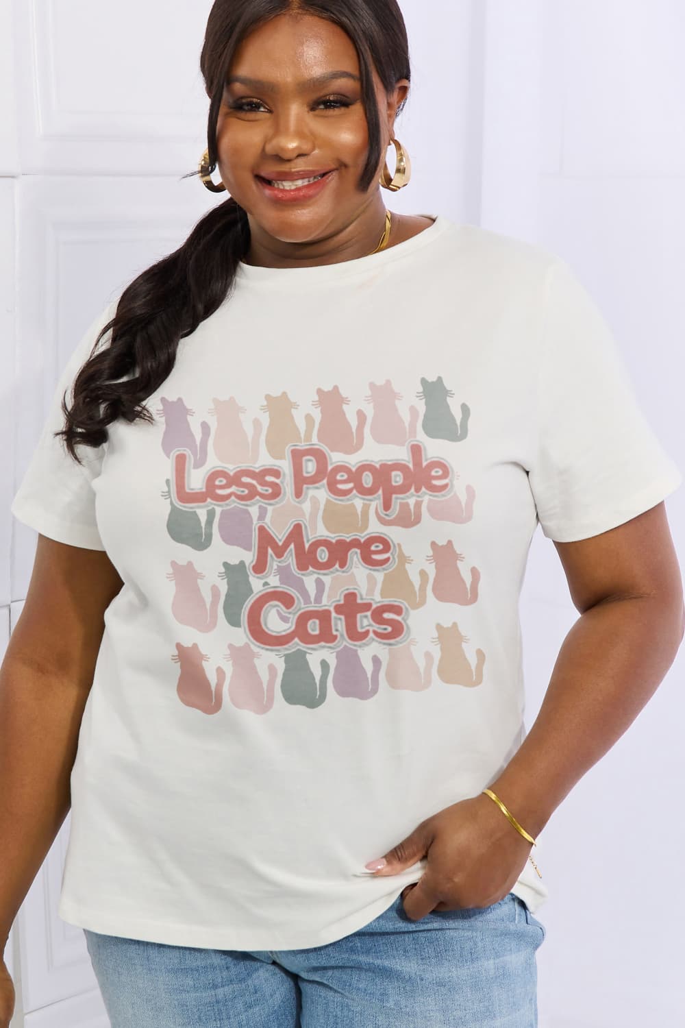 Simply Love Full Size LESS PEOPLE MORE CATS Graphic Cotton Tee